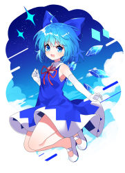 Rule 34 | 1girl, :d, ahoge, bare shoulders, blue bow, blue dress, blue eyes, blue hair, blue wings, bow, cirno, collared shirt, day, detached wings, dress, elbow gloves, full body, gloves, hair between eyes, hair bow, highres, ice, ice wings, looking at viewer, neck ribbon, open mouth, red ribbon, ribbon, shirt, shoes, short hair, sleeveless, sleeveless dress, sleeveless shirt, smile, solo, touhou, uwabaki, white footwear, white gloves, white shirt, wings, yuujin (yuzinn333)
