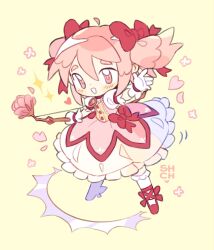 Rule 34 | 1girl, blush, bow, bow (weapon), commentary, dress, full body, gloves, hair bow, heart, highres, holding, holding bow (weapon), holding weapon, kaname madoka, looking at viewer, magical girl, mahou shoujo madoka magica, mahou shoujo madoka magica (anime), open mouth, pink eyes, pink hair, red bow, red footwear, sharpycharot, short hair, short sleeves, short twintails, simple background, socks, solo, sparkle, twintails, weapon, white dress, white gloves, white socks, yellow background