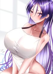 Rule 34 | 1girl, absurdres, apron, blush, breasts, fate/grand order, fate (series), highres, large breasts, lee-taro, long hair, looking at viewer, minamoto no raikou (fate), naked apron, nude, purple eyes, purple hair, solo, white apron