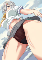 Rule 34 | 10s, 1girl, blue eyes, blush, breasts, cameltoe, covered erect nipples, female focus, from below, hair ornament, hair over one eye, hairclip, hamakaze (kancolle), kantai collection, large breasts, midriff, miniskirt, mushin, navel, no bra, outdoors, panties, perky breasts, shiny skin, shirt, short hair, silver hair, skirt, sky, solo, standing, thighs, underwear, upskirt