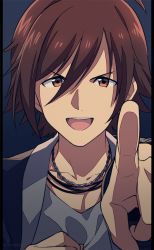 Rule 34 | 1boy, ahoge, amagase touma, asada hachi, black background, black jacket, brown eyes, brown hair, chain, chain necklace, collarbone, commentary, hair between eyes, idolmaster, idolmaster (classic), idolmaster side-m, jacket, jewelry, jupiter (idolmaster), male focus, necklace, open mouth, pointing, pointing at viewer, shirt, simple background, smile, solo, twitter username, white shirt
