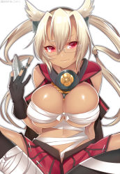 Rule 34 | 10s, 1girl, bandages, blonde hair, breasts, dark-skinned female, dark skin, glasses, gloves, hattori masaki, indian style, kantai collection, large breasts, long hair, looking at viewer, miniskirt, musashi (kancolle), pointy hair, red eyes, simple background, sitting, skirt, smile, solo, thighhighs, two side up, white background