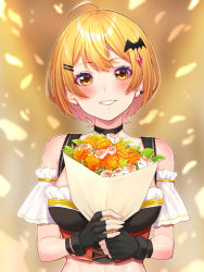 Rule 34 | 1girl, ahoge, bare shoulders, bat hair ornament, black choker, black gloves, blonde hair, blush, breasts, choker, cleavage, collarbone, commentary request, fingerless gloves, flower, gem, gloves, hair between eyes, hair ornament, hairclip, highres, holding, holding flower, hololive, looking at viewer, medium breasts, mikan (chipstar182), orange flower, parted lips, revealing clothes, short hair, short sleeves, smile, solo, virtual youtuber, white flower, yellow eyes, yozora mel, yozora mel (2nd costume)