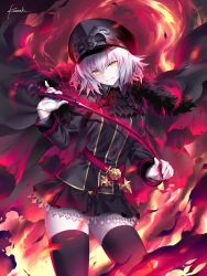 Rule 34 | 1girl, artist name, ascot, belt, black jacket, black skirt, black thighhighs, cape, chain, commentary request, fate/grand order, fate (series), fire, fur-trimmed cape, fur trim, gloves, grin, hat, headpiece, jacket, jeanne d&#039;arc (fate), jeanne d&#039;arc alter (avenger) (fate), jeanne d&#039;arc alter (fate), kousaki rui, military, military jacket, military uniform, pale skin, peaked cap, riding crop, short hair, signature, silver hair, skirt, smile, solo, thighhighs, thighs, uniform, white gloves, yellow eyes, zettai ryouiki
