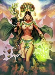 Rule 34 | 1girl, axomamma, breasts, cape, closed eyes, commentary, commission, dark-skinned female, dark skin, earrings, english commentary, genzoman, glowing, green cape, headdress, incan, jewelry, large breasts, lips, long hair, mountain, mountainous horizon, mythology, navel, parted bangs, parted hair, pelvic curtain, peru, plant, plant roots, potato, solo, thick eyebrows, vambraces, wide hips