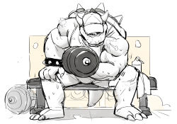 Rule 34 | 0rang3, 1boy, bara, baseball cap, biceps, bowser, bracelet, dumbbell, exercising, facial hair, furry, furry male, goatee, hat, highres, horns, jewelry, male focus, mario (series), nintendo, on bench, partially colored, sitting, sketch, solo, spiked bracelet, spiked shell, spikes, sweat, tail, tank top, veins