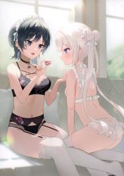 Rule 34 | 2girls, absurdres, ass, bare arms, bare shoulders, black hair, blue eyes, blush, bra, breasts, butt crack, choker, cleavage, day, double bun, earrings, food, garter belt, garter straps, hair bun, highres, holding, holding food, indoors, jewelry, lingerie, long hair, macaron, maid headdress, medium breasts, mole, mole under eye, multiple girls, navel, omelet tomato, open mouth, original, panties, scan, short hair, simple background, sitting, small breasts, smile, stomach, thighhighs, thighs, twintails, underwear, underwear only, window