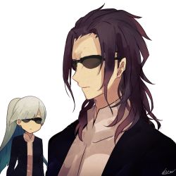 Rule 34 | 1boy, 1girl, black hair, breasts, brynhildr (fate), coat, fate/prototype, fate/prototype: fragments of blue and silver, fate (series), long hair, nigel sayward, ponytail, silver hair, small breasts, sunglasses