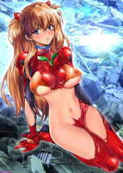 Rule 34 | 1girl, arm support, artist name, blue eyes, blush, bodysuit, breasts, brown hair, embarrassed, highres, kneeling, large breasts, lips, long hair, looking at viewer, navel, neon genesis evangelion, nipples, oyaman, plugsuit, shiny clothes, shiny skin, solo, souryuu asuka langley, torn clothes, twintails, twitter username, two side up, very long hair, wide hips
