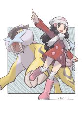 Rule 34 | 1girl, :d, beanie, black hair, boots, buttons, coat, commentary request, creatures (company), dated, dawn (pokemon), eyelashes, full body, game freak, gen 2 pokemon, grey eyes, hair ornament, hairclip, hat, highres, holding, holding poke ball, legendary pokemon, long hair, long sleeves, nintendo, open mouth, outstretched arm, over-kneehighs, pink footwear, poke ball, poke ball (basic), pokemon, pokemon (creature), pokemon dppt, pokemon platinum, raikou, red coat, sawa (soranosawa), scarf, sidelocks, smile, thighhighs, tongue, white headwear, white scarf, white thighhighs