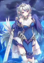 1girl absurdres blush breasts collarbone covered_navel detached_sleeves duel_monster fins grey_hair head_fins highres holding holding_sword holding_weapon kanzakietc large_breasts light_blush navel ocean pelvic_curtain pink_eyes skirt sleeves_past_wrists smile star_(sky) sword tearlaments_scheiren thighhighs thighs tiara twintails water weapon white_thighhighs yu-gi-oh!