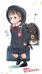 Rule 34 | &gt;:(, 1girl, backpack, bag, black footwear, black hair, black hat, black jacket, black skirt, black socks, blouse, blush, bow, closed mouth, collared shirt, crime prevention buzzer, flying sweatdrops, gomennasai, hat, highres, jacket, light frown, long sleeves, looking away, original, pleated skirt, randoseru, red bow, red eyes, school hat, shadow, shirt, shoes, skirt, sleeves past wrists, smile, socks, solo, star (symbol), v-shaped eyebrows, walking, white background, white shirt