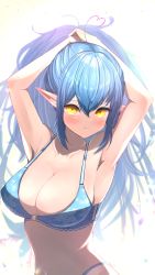 Rule 34 | 1girl, absurdres, ahoge, armpits, arms up, blue bra, blue hair, blue panties, blush, bra, breasts, cleavage, closed mouth, contrapposto, cowboy shot, elf, embarrassed, hair between eyes, heart, heart ahoge, highres, hololive, large breasts, long hair, navel, panties, pointy ears, ponytail, solo, stomach, tying hair, underwear, underwear only, very long hair, virtual youtuber, yellow eyes, yukihana lamy, yuuppi
