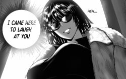Rule 34 | 1girl, absurdres, breasts, coat, dress, english text, fubuki (one-punch man), fur coat, greyscale, highres, i came here to laugh at you (meme), large breasts, meme, monochrome, mostlybluewyatt, one-punch man, short hair, solo, sunglasses, teeth