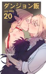 Rule 34 | 2girls, black dress, blonde hair, blush, braid, choker, commentary request, dohwa110, dress, dungeon meshi, elf, falin touden, falin touden (tallman), feathers, hand on another&#039;s shoulder, hands on another&#039;s back, highres, kiss, korean commentary, lipstick, lipstick mark on back, long hair, long sleeves, looking at viewer, makeup, marcille donato, marcille donato (lord), multiple girls, off-shoulder dress, off shoulder, pointy ears, red choker, shirt, short hair, shoulder blush, single braid, smeared lipstick, sparkling eyes, tears, translation request, white shirt, yuri