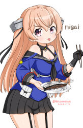 Rule 34 | 1girl, black gloves, black sailor collar, black skirt, blue shirt, breasts, brown eyes, chopsticks, cleavage, dated, fish, fish (food), garter straps, gloves, holding, holding chopsticks, johnston (kancolle), kantai collection, light brown hair, long hair, masara (chuujou), medium breasts, off shoulder, one-hour drawing challenge, pleated skirt, romaji text, sailor collar, saury, school uniform, serafuku, shirt, single glove, skirt, solo, tongue, tongue out, twitter username, two side up, united states medal of honor