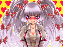 Rule 34 | 1girl, alternate hairstyle, arm belt, bad id, bad pixiv id, blush, bow, breasts, cleavage, embarrassed, eyelashes, female focus, fujiwara no mokou, hair bow, heart, large breasts, lipstick, makeup, open clothes, open shirt, red eyes, sarashi, shirt, silver hair, solo, suspenders, touhou, twintails, upper body, wanko528