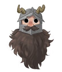 Rule 34 | 1boy, beard, blank stare, brown hair, cropped head, dilated pupils, dungeon meshi, dwarf, empty eyes, facial hair, fake horns, helmet, highres, horned helmet, horns, long beard, looking at viewer, male focus, mustache, red nose, senshi (dungeon meshi), solo, straight-on, thick mustache, very long beard, white background, woafofbread