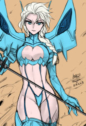 Rule 34 | 1girl, blonde hair, blue eyes, boots, braid, breasts, cleavage, cleavage cutout, clothing cutout, colorized, cosplay, elsa (frozen), flat color, frozen (disney), garter straps, hair ornament, hairclip, highres, junketsu, kago-tan, katana, kill la kill, kiryuuin satsuki, kiryuuin satsuki (cosplay), large breasts, long hair, navel, revealing clothes, single braid, solo, suspenders, sword, thigh boots, thighhighs, tsurime, weapon
