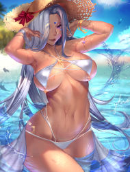 Rule 34 | 1girl, aa megami-sama, armlet, armpits, arms up, artist name, bangle, beach, bikini, bracelet, breasts, curvy, dark-skinned female, dark skin, day, facial mark, forehead mark, gtunver, hat, highres, jewelry, large breasts, lips, long hair, looking at viewer, md5 mismatch, multi-strapped bikini, naughty face, navel, outdoors, parted bangs, parted lips, purple eyes, shiny skin, signature, silver hair, smile, solo, strap gap, straw hat, string bikini, swimsuit, urd (aa megami-sama), very long hair, wading, white bikini, wide hips