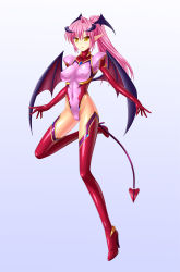 Rule 34 | 1girl, bodysuit, boots, breasts, cameltoe, covered erect nipples, covered navel, demon horns, demon tail, demon wings, high heels, highleg, horns, large breasts, leotard, long hair, md5 mismatch, original, pink hair, pointy ears, ponytail, shiny clothes, slit pupils, solo, tail, utamaru (utamaru143), wings, yellow eyes