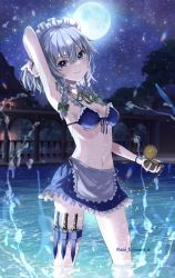 Rule 34 | 1girl, apron, bikini, blue eyes, braid, breast padding, breasts, contrapposto, fujiwara aoi, full moon, highres, holding, izayoi sakuya, knife, light particles, looking at viewer, maid headdress, moon, moonlight, night, night sky, sky, solo, standing, star (sky), starry sky, swimsuit, touhou, twin braids, wading, waist apron, water, weapon, white apron