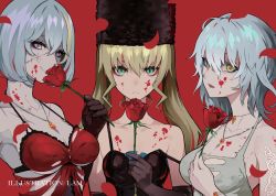 Rule 34 | artist request, bandaged arm, bandages, blonde hair, breasts, code vein, copyright notice, dress, eva roux, flower, frown, green eyes, hat, highres, io (code vein), jewelry, large breasts, long coat, looking at viewer, mia karnstein, multicolored hair, necklace, official art, open mouth, petals, platinum blonde hair, purple flower, purple rose, red background, red dress, red flower, red rose, rose, scar, scar on face, short hair, short twintails, silver hair, small breasts, smile, strap slip, streaked hair, swept bangs, tagme, torn clothes, twintails