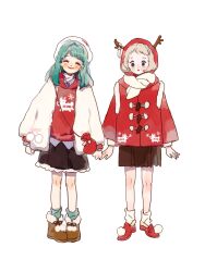 Rule 34 | 2girls, absurdres, ankle socks, antler ribbon, antlers, aqua hair, aqua socks, bag, beanie, black bow, black skirt, blonde hair, blue eyes, blunt bangs, blush stickers, boots, bow, brown footwear, brown skirt, buttons, closed eyes, closed mouth, coat, collared shirt, commentary, deer print, english commentary, eyelashes, eyeshadow, fashion, footwear bow, full body, fur-trimmed boots, fur-trimmed skirt, fur trim, hat, highres, hood, hood down, hood up, hooded coat, hoodie, horns, layered sleeves, long hair, makeup, medium hair, miniskirt, multiple girls, open clothes, open coat, original, pink eyeshadow, pink ribbon, pleated skirt, pom pom (clothes), putong xiao gou, red bag, red coat, red footwear, red hoodie, red lips, ribbon, satchel, scarf, shirt, shoes, short hair, skirt, smile, snowflake print, socks, straight-on, white background, white bow, white coat, white headwear, white ribbon, white scarf, white shirt, white socks, winter clothes