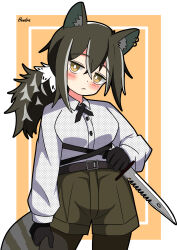 Rule 34 | 1girl, :&lt;, absurdres, animal ears, arknights, black gloves, black pantyhose, blush, brown hair, closed mouth, collared shirt, combat knife, cowboy shot, gloves, green shorts, halftone, head tilt, hendra, highres, holding, holding knife, inset border, knife, long hair, looking at viewer, multicolored hair, pantyhose, raccoon ears, raccoon girl, robin (arknights), shirt, shorts, signature, simple background, solo, streaked hair, weapon, white hair, white shirt, yellow background, yellow eyes