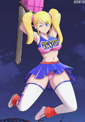 1girl assentlov blonde_hair breasts chainsaw cheerleader juliet_starling jump legs lolipope_chainsaw lollipop_chainsaw looking_at_viewer navel night night_sky one_eye_closed panties pink_panties shiny_skin skirt sky smile thighhighs twintails underwear wink