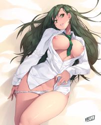 Rule 34 | 1girl, artist name, bad id, bad twitter id, between breasts, blush, breasts, breasts out, cowboy shot, dress shirt, green eyes, green hair, green necktie, groin, jjune, large breasts, legs together, lips, long hair, long sleeves, looking at viewer, lying, necktie, necktie between breasts, nipples, on back, on bed, open clothes, open shirt, original, panties, panty pull, parted lips, pink lips, pulled by self, shirt, smile, solo, teeth, underwear, white panties, white shirt
