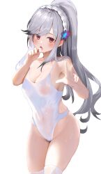 Rule 34 | 1girl, absurdres, azur lane, bare shoulders, black hair, blush, breasts, butterfly hair ornament, cleavage, covered navel, cowboy shot, daily (daily178900), dunkerque (azur lane), frilled hairband, frills, gradient hair, grey hair, groin, hair ornament, hairband, hand on own face, hands up, high ponytail, highres, large breasts, long hair, looking at viewer, multicolored hair, navel, one-piece swimsuit, open mouth, see-through, see-through one-piece swimsuit, see-through swimsuit, simple background, sweat, swept bangs, swimsuit, thighhighs, white background, white one-piece swimsuit, white thighhighs