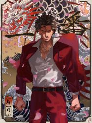 Rule 34 | 1boy, belt, black belt, black eyes, black hair, chain, clenched hands, collarbone, collared shirt, cowboy shot, dragon, eastern dragon, facial hair, formal, goatee, gold chain, grin, highres, irei yukitoshi, jacket, kasuga ichiban, looking at viewer, male focus, pants, red jacket, red pants, red suit, ryuu ga gotoku (series), ryuu ga gotoku 7, sega, shirt, short hair, smile, solo, standing, suit, white shirt