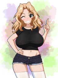 Rule 34 | 1girl, black shirt, blonde hair, blouse, blue eyes, blue shorts, blush, blush stickers, breasts, collarbone, covered erect nipples, female focus, girls und panzer, gogopaint, hair intakes, hand on own hip, highres, kay (girls und panzer), large breasts, looking at viewer, midriff, navel, one eye closed, shirt, short shorts, shorts, skindentation, smile, solo, standing, thighhighs, white thighhighs