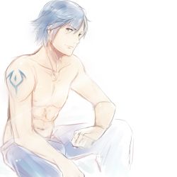 Rule 34 | 1boy, abs, arm rest, bare shoulders, blue eyes, blue hair, chrom (fire emblem), collarbone, fire emblem, fire emblem awakening, leaning, leaning forward, looking at viewer, male focus, markings, matching hair/eyes, nintendo, pants, topless male, sitting, sketch, smile, solo, tattoo, tusia, white background