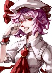 Rule 34 | 1girl, ascot, bad id, bad pixiv id, blood, brooch, fangs, female focus, hat, jewelry, jpeg artifacts, mob cap, open mouth, pink hair, purple hair, red eyes, remilia scarlet, ribbon, scottie (phantom2), short hair, short sleeves, solo, tongue, tongue out, touhou, upper body, vampire, wrist cuffs