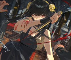 Rule 34 | 1girl, black dress, black hair, blood, blood on arm, bloody weapon, breasts, bullet, cleavage, dress, earrings, fingerless gloves, floating hair, flower, glass shards, glint, gloves, gold earrings, gold hairband, hair flower, hair ornament, hairband, highres, hood (james x), incoming attack, indoors, jewelry, large breasts, looking at viewer, murder, off-shoulder dress, off shoulder, pov, pov hands, red eyes, rose, smoke, solo focus, spikes, spy x family, weapon, yor briar