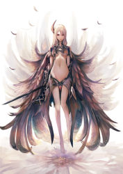 Rule 34 | 1girl, bare legs, barefoot, black wings, blonde hair, breasts, closed mouth, expressionless, fantasy, feathered wings, feathers, floating, full body, gauntlets, highres, hip focus, horns, long hair, looking at viewer, medium breasts, midriff, multiple wings, navel, original, pip (red juice1869), purple eyes, revealing clothes, single horn, skinny, solo, underboob, wings
