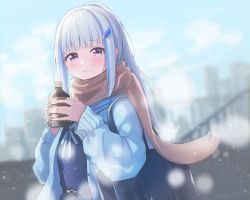 Rule 34 | 1girl, bag, belt, black belt, blue dress, blue hair, blunt bangs, blurry, blurry background, blurry foreground, blush, bottle, brown scarf, closed mouth, dot nose, dress, drink, ene mizunoawa, hair ornament, highres, holding, holding drink, lize helesta, long hair, long sleeves, looking at viewer, multicolored hair, neck ribbon, nijisanji, outdoors, purple eyes, ribbon, scarf, shoulder bag, sleeve cuffs, sleeves past wrists, smile, snow, solo, streaked hair, virtual youtuber, white hair, winter, winter clothes