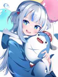 Rule 34 | 1girl, absurdres, animal hood, bad id, bad pixiv id, balloon, bloop (gawr gura), blue eyes, blue hair, blue hoodie, gawr gura, gawr gura (1st costume), hair ornament, highres, hololive, hololive english, hood, hoodie, looking at viewer, medium hair, multicolored hair, open mouth, shark girl, shark hair ornament, shark hood, sharp teeth, shiro sato (pixivuser kpsp8285), short twintails, smile, streaked hair, teeth, twintails, virtual youtuber, white hair