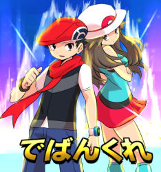Rule 34 | 1boy, 1girl, bare shoulders, black eyes, black hair, black vest, blue pants, blue shirt, blue socks, bracelet, breasts, brown hair, creatures (company), crossed arms, from side, game freak, green (pokemon), grey eyes, hat, japanese text, jewelry, kneehighs, long hair, looking at viewer, looking to the side, lucas (pokemon), matching hair/eyes, miniskirt, nintendo, open mouth, pants, poke ball theme, pokemon, pokemon dppt, pokemon frlg, red headwear, red skirt, sawarabi (sawarabi725), shirt, short hair, short sleeves, skirt, sleeveless, sleeveless shirt, small breasts, socks, standing, text focus, translation request, vest, watch, white headwear, white shirt, wristwatch
