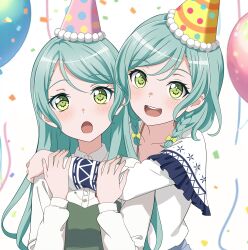 Rule 34 | 2girls, absurdres, aqua hair, balloon, bang dream!, birthday, bow, braid, capelet, collarbone, commentary, confetti, dress, fries vanquisher, green dress, green eyes, hair bow, hat, highres, hikawa hina, hikawa sayo, hug, hug from behind, light blush, long hair, looking at viewer, low twin braids, medium hair, multiple girls, open mouth, party hat, shirt, siblings, smile, surprised, teeth, twin braids, twins, upper body, upper teeth only, white shirt