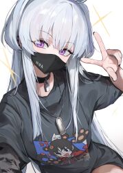 Rule 34 | 1girl, black choker, black shirt, blanc (whit blanc), blue archive, blush, choker, grey hair, highres, long hair, looking at viewer, noa (blue archive), purple eyes, shirt, short sleeves, simple background, smile, solo, tongue, tongue out, v, white background