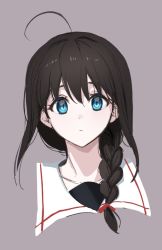 Rule 34 | 1girl, ahoge, black hair, blue eyes, braid, faker ktd, grey background, hair over shoulder, kantai collection, looking at viewer, sailor collar, shigure (kancolle), simple background, single braid, solo, upper body, white sailor collar