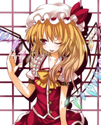 Rule 34 | 1girl, ;p, bad id, bad pixiv id, blonde hair, female focus, flandre scarlet, hat, one eye closed, ponytail, red eyes, short hair, side ponytail, solo, tatsuyoshi, embodiment of scarlet devil, tongue, tongue out, touhou, wings, wink