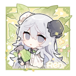Rule 34 | 1girl, :o, arknights, bottle, bun cover, chibi, commentary request, double bun, gloves, green gloves, grey eyes, grey hair, hair between eyes, hair bun, holding, holding bottle, jacket, long hair, long sleeves, mulberry (arknights), parted lips, renren, signature, single glove, skirt, solo, spray bottle, very long hair, white jacket, white skirt, wide sleeves