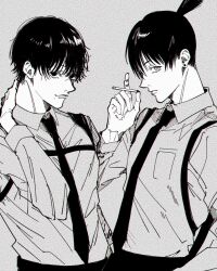 Rule 34 | 2boys, black hair, black necktie, black pants, chainsaw man, chest belt, cigarette, collared shirt, earrings, grey background, greyscale, hand on own neck, hayakawa aki, highres, holding, holding cigarette, jewelry, looking at viewer, male focus, mole, mole under mouth, monochrome, multiple boys, namida a2, necktie, pants, shirt, shirt tucked in, short hair, sideways glance, simple background, smile, stud earrings, white shirt, yoshida hirofumi