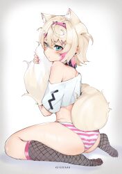 Rule 34 | 1girl, absurdres, animal ear fluff, animal ears, armpit crease, black collar, blonde hair, blue eyes, blush, breasts, collar, commentary, cropped shirt, dog ears, dog girl, dog tail, english commentary, fishnet thighhighs, fishnets, hair between eyes, hair ornament, hairband, hairclip, highres, hololive, hololive english, hugging own tail, hugging tail, keisea, midriff, mococo abyssgard, mococo abyssgard (1st costume), multicolored hair, nail polish, off shoulder, panties, pink hair, pink nails, shirt, short hair, shorts, simple background, small breasts, spiked collar, spikes, streaked hair, striped clothes, striped panties, tail, tears, thighhighs, two side up, underwear, virtual youtuber, white shirt, white shorts, x hair ornament