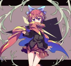 Rule 34 | 1girl, black border, black shirt, blue bow, border, bow, brown background, cloak, hair bow, holding, holding clothes, isu (is88), long sleeves, looking at viewer, red eyes, red hair, red skirt, sekibanki, shirt, short hair, skirt, solo, standing, touhou, v-shaped eyebrows