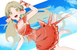 Rule 34 | 1girl, bow, breasts, choker, cloud, dress, dress bow, green eyes, green hair, hair bow, handa roco, highres, idolmaster, idolmaster million live!, idolmaster million live! theater days, long hair, looking at viewer, low twintails, open mouth, red bow, red choker, red dress, red footwear, sky, small breasts, solo, twintails, very long hair, yagita (astronomie)